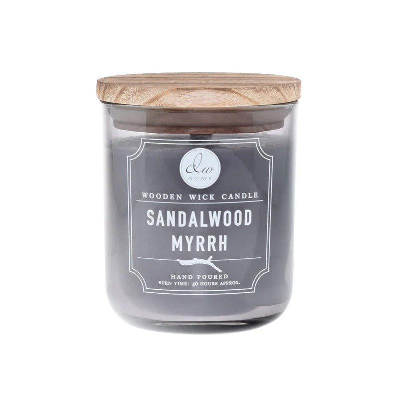 DW Home Sandalwood Myrrh Large Wooden Wick Candle in a grey glass jar with a natural wooden lid