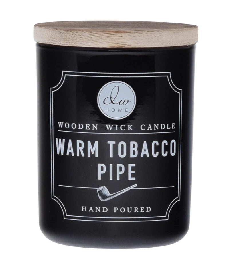 DW Home Warm Tobacco Pipe Mini Wooden Wick Candle in a matte black glass jar with a natural wooden lid.