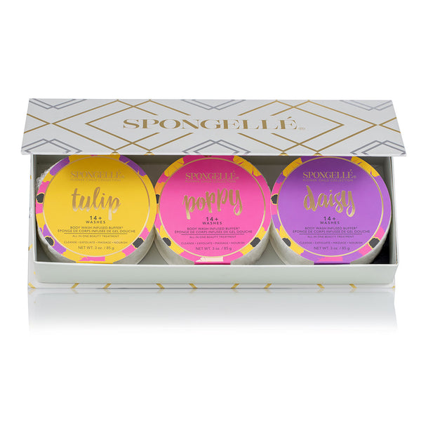 Flower Child Trio (Poppy, Daisy, Tulip) Bath Sponge Gift Set Open Box