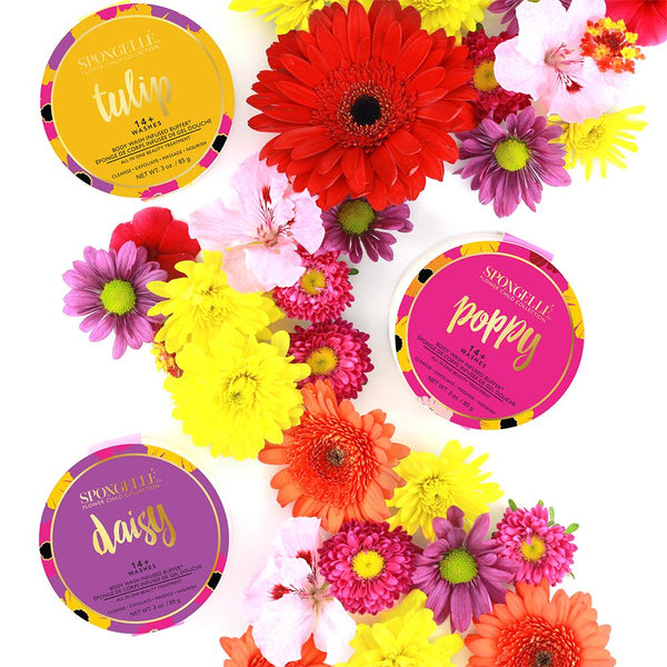 Flower Child Trio (Poppy, Daisy, Tulip) Bath Sponge Gift Set Collection