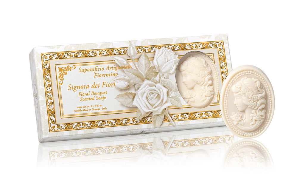 Signora Dei Fiori (Lady Of The Flowers) Floral Bouquet Scented Set Of 3 - 4.40 Oz Oval Soaps