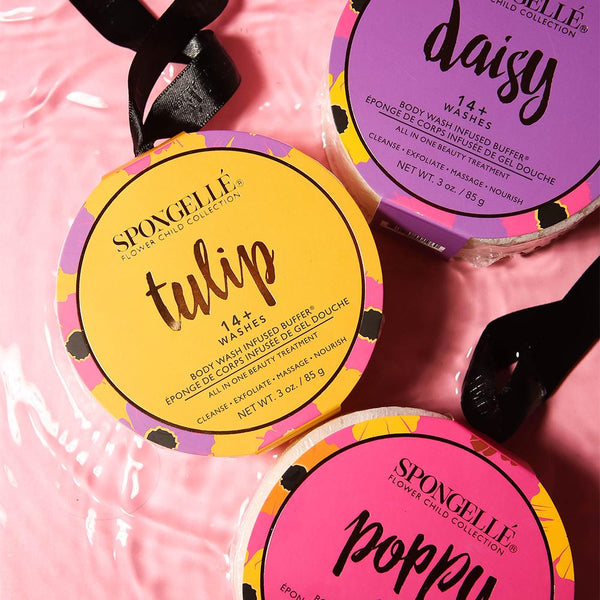 Flower Child Trio (Poppy, Daisy, Tulip) Bath Sponge Gift Set Close Up